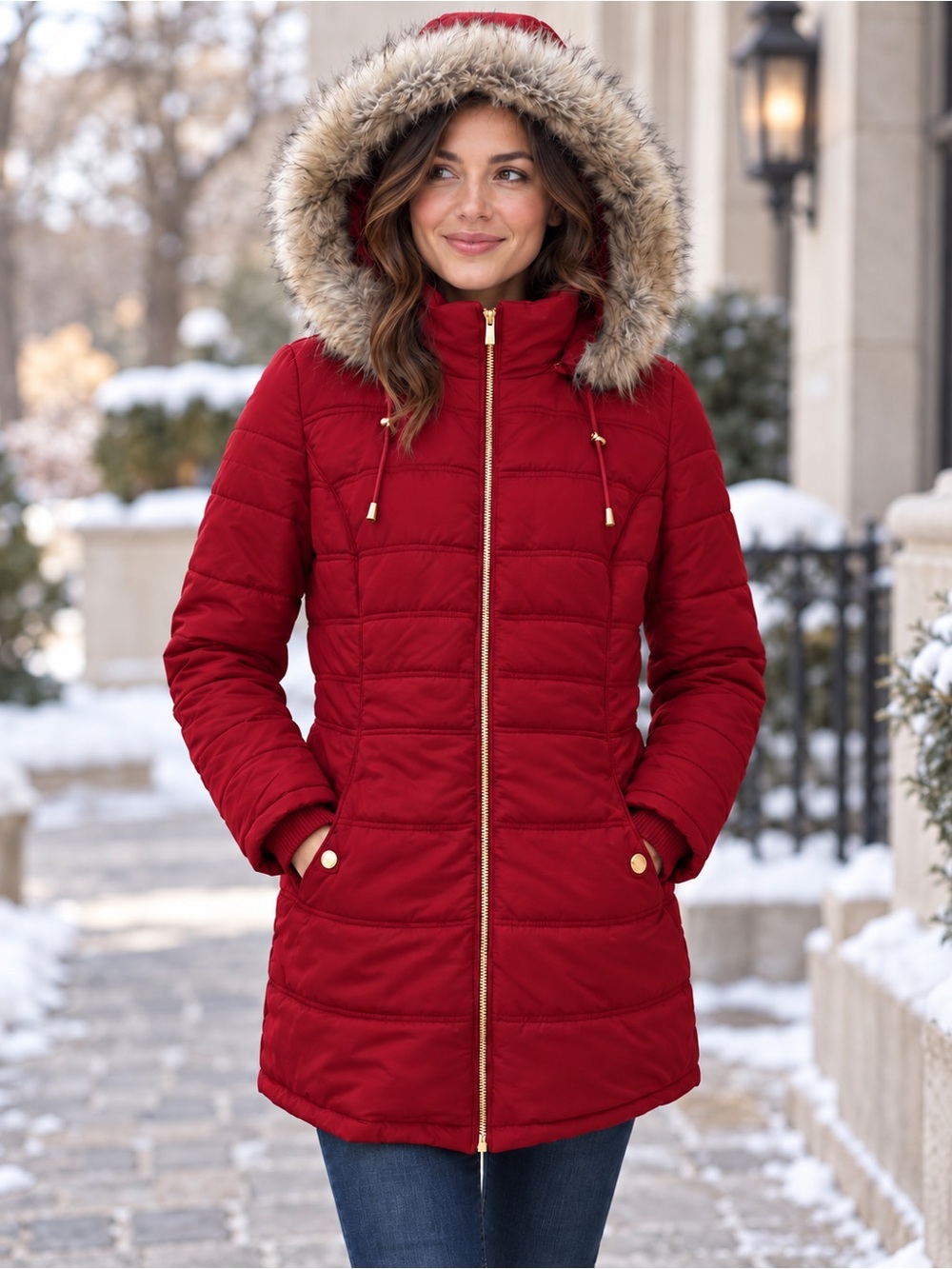 Susan Graver Women’s Red Long Puffer Coat Faux Fur Hood Gold Zip Quilted Size L